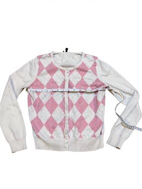 Talbots Cardigan Petite Cream Pink Argyle Geo Sequins Long Sleeve Round Neck